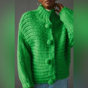 Anthropologie Little Lies Hand-Knit Pom Pom Cardigan M/L in Kelly Green